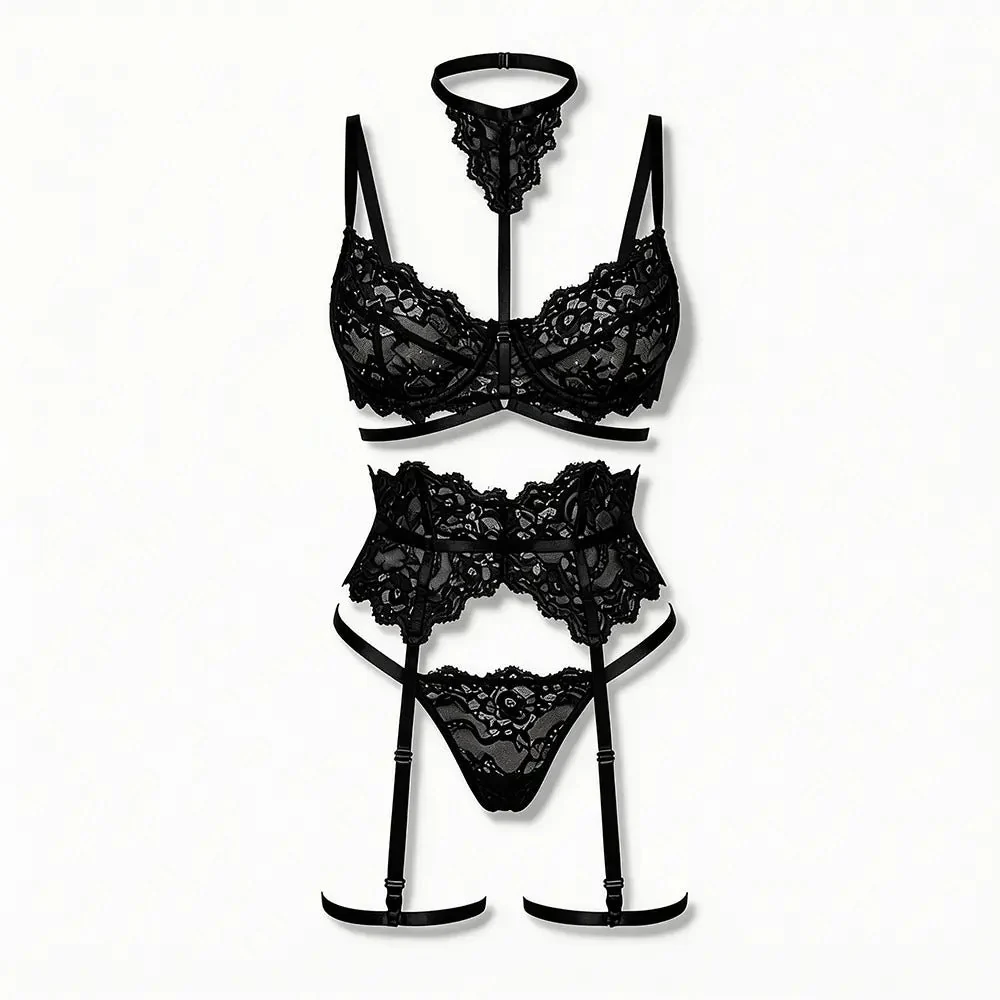 Tiffanya Lace Lingerie Set with Choker & Garter Belt – Black – Portofino