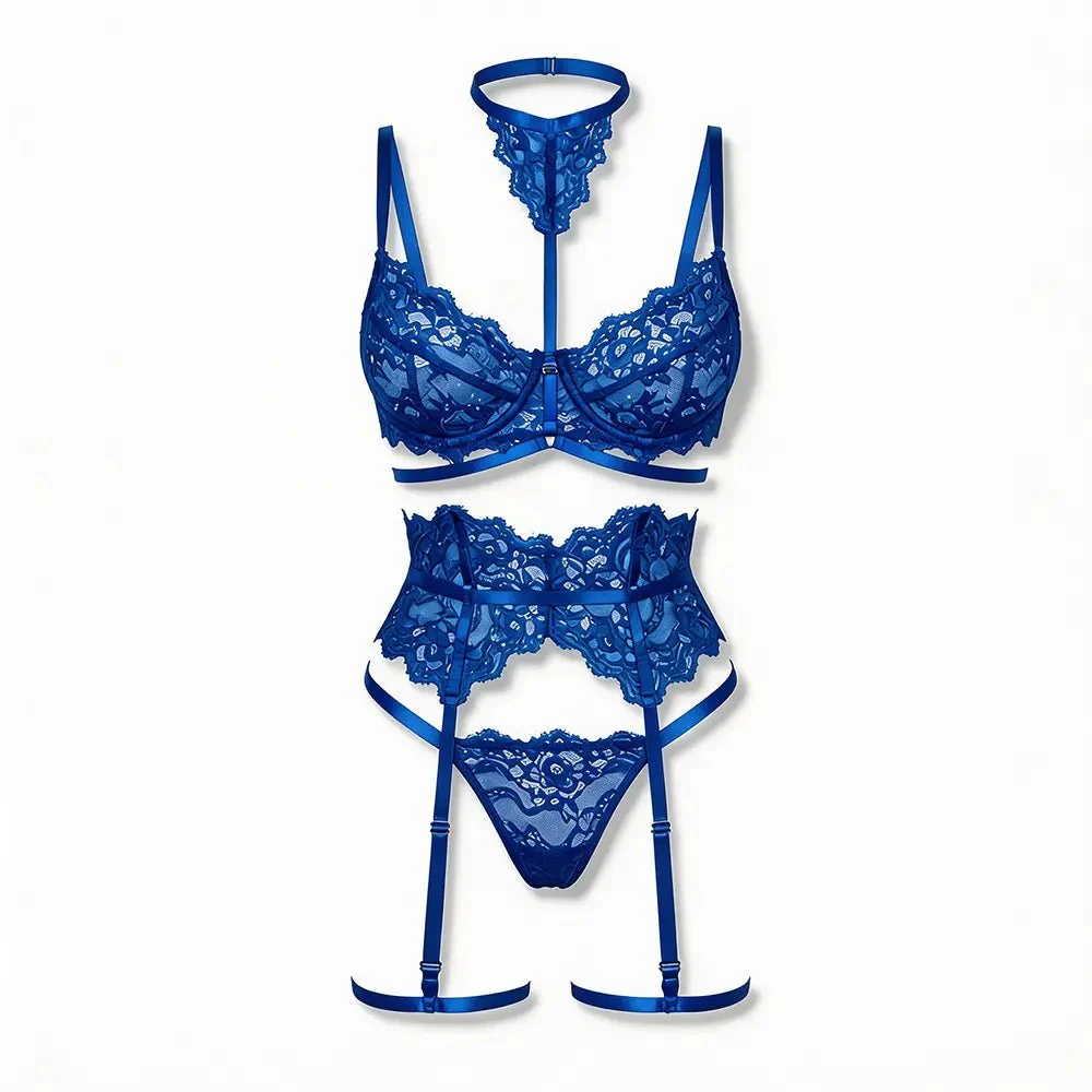 Tiffanya Lace Lingerie Set with Choker & Garter Belt – Blue – Portofino