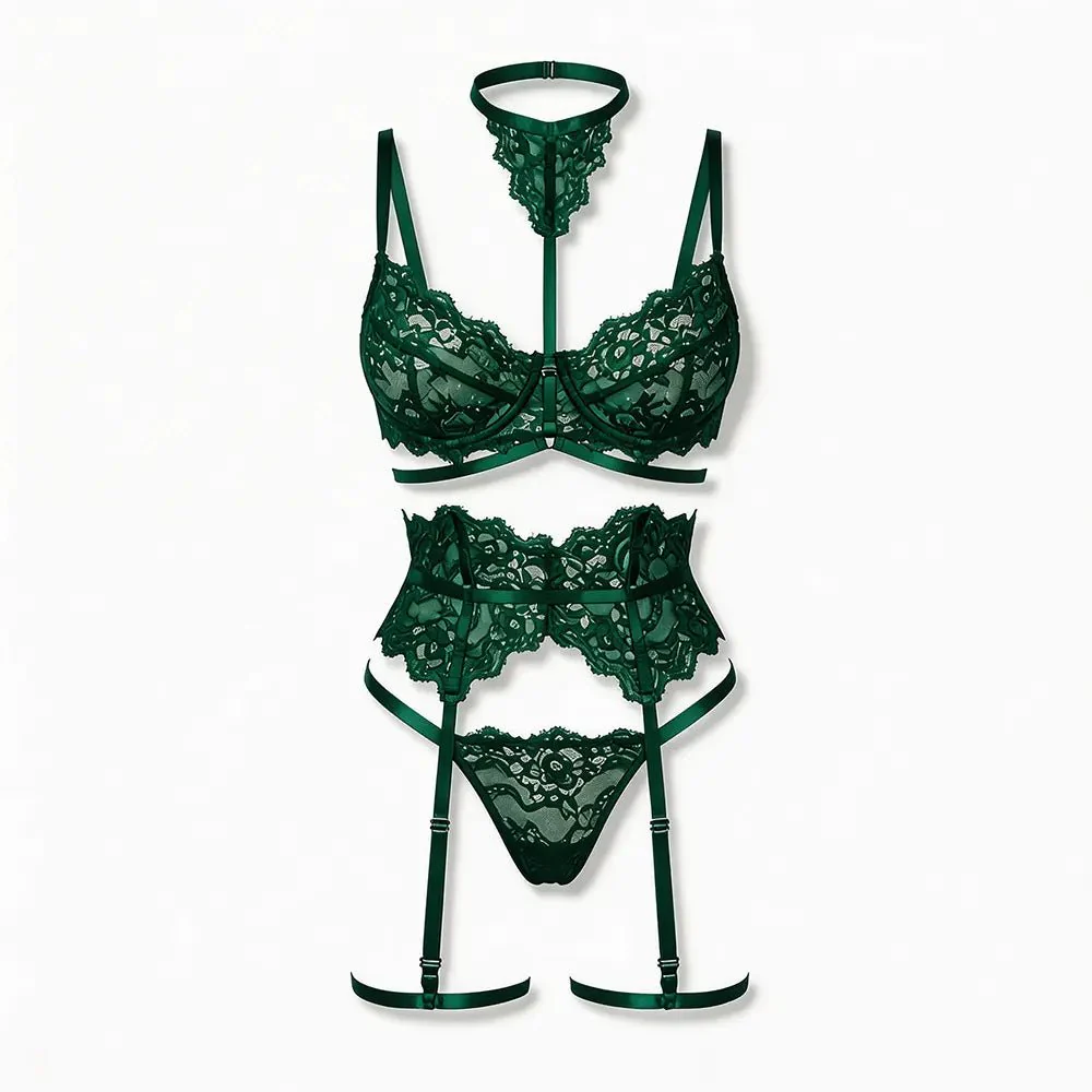 Tiffanya Lace Lingerie Set with Choker & Garter Belt – Green – Portofino